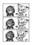  2girls 3koma :3 :d :o :t animal_ears bangs bare_shoulders blush_stickers bow bowtie cat_ears cat_tail chestnut_mouth comic eating elbow_gloves eyebrows_visible_through_hair flying_sweatdrops food gloves greyscale hair_between_eyes highres hood hood_up hoodie japari_bun kemono_friends kotobuki_(tiny_life) legs_together long_sleeves monochrome motion_lines multiple_girls neck_ribbon one_eye_closed open_mouth ribbon sand_cat_(kemono_friends) short_hair silent_comic simple_background smile squatting striped sweatdrop tail tsuchinoko_(kemono_friends) tsundere white_background wide-eyed 