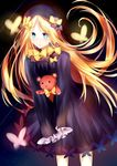  :o abigail_williams_(fate/grand_order) bangs black_bow black_dress black_hat blonde_hair blue_eyes blush bow bug butterfly commentary dress eyebrows_visible_through_hair fate/grand_order fate_(series) hair_bow hat insect long_hair long_sleeves looking_at_viewer object_hug orange_bow parted_bangs parted_lips polka_dot polka_dot_bow sleeves_past_fingers sleeves_past_wrists solo stuffed_animal stuffed_toy teddy_bear v_arms very_long_hair yoko_(yang-tzu) 