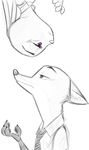 2017 anthro black_and_white canine charliebarkinq clothed clothing disney duo fox green_eyes hi_res judy_hopps lagomorph mammal monochrome nick_wilde pencil_(artwork) purple_eyes rabbit side_view simple_background traditional_media_(artwork) white_background zootopia 