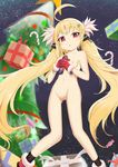  absurdres ahoge ass_visible_through_thighs azur_lane bangs black_legwear blonde_hair blush bow box breasts candy candy_cane candy_wrapper chestnut_mouth christmas christmas_ornaments christmas_tree collarbone denkouseka_akaiken eldridge_(azur_lane) eyebrows_visible_through_hair food fur-trimmed_boots fur-trimmed_gloves fur_trim gift gift_box gloves hair_ornament head_tilt highres holding holding_torpedo long_hair looking_at_viewer navel nipples nude parted_lips pussy red_bow red_eyes red_footwear red_gloves red_ribbon ribbon small_breasts socks solo star torpedo twintails very_long_hair 