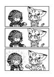  3koma :3 :d animal_ears bag bare_shoulders blush bow bowtie cat_ears cat_tail comic eating elbow_gloves eye_contact eyebrows_visible_through_hair food food_on_face gloves greyscale hair_between_eyes heaven_condition highres hood hood_up hoodie japari_bun japari_symbol kemono_friends kotobuki_(tiny_life) legs_together long_sleeves looking_at_another monochrome multiple_girls open_mouth paper_bag rectangular_mouth round_teeth sand_cat_(kemono_friends) short_hair silent_comic simple_background smile sparkle squatting striped tail teeth tsuchinoko_(kemono_friends) white_background 