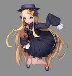 abigail_williams_(fate/grand_order) artist_name bad_id bad_pixiv_id bad_revision bangs black_bow black_dress black_footwear black_hat blonde_hair blue_eyes bow bug butterfly commentary_request downscaled_revision dress eyebrows_visible_through_hair fate/grand_order fate_(series) forehead full_body grey_background hair_bow hat highres insect loading_(vkjim0610) long_hair long_sleeves looking_at_viewer mary_janes object_hug orange_bow parted_bangs parted_lips polka_dot polka_dot_bow shoes simple_background sleeves_past_fingers sleeves_past_wrists solo stuffed_animal stuffed_toy teddy_bear very_long_hair 