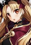  :d bangs blonde_hair blush bow cape commentary earrings ereshkigal_(fate/grand_order) eyebrows_visible_through_hair fate/grand_order fate_(series) gambe grey_background hair_bow infinity jewelry long_hair looking_at_viewer open_mouth parted_bangs red_bow red_cape red_eyes simple_background skull smile solo spine two_side_up upper_body 