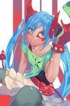  blue_eyes blue_hair bracelet commentary eyebrows_visible_through_hair gloves green_shirt grey_legwear hair_between_eyes hand_up hatsune_miku highres holding horns jewelry lips litra_(ltr0312) long_hair looking_at_viewer off_shoulder parted_lips pink_lips project_diva_(series) project_diva_x red_gloves satisfaction_(kz)_(vocaloid) shirt sitting smile solo spiked_bracelet spikes thighhighs twintails vocaloid 