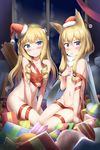  absurdres azur_lane bangs blonde_hair blue_eyes blush bow box chestnut_mouth closed_mouth collarbone commentary_request eyebrows_visible_through_hair fang fang_out fur-trimmed_hat gift gift_box hair_between_eyes hair_bow hair_ornament hairband hat head_tilt highres long_hair looking_at_viewer mini_hat multiple_girls naked_ribbon nedia_(nedia_region) parted_lips polka_dot purple_eyes queen_elizabeth_(azur_lane) red_hat red_ribbon ribbon ringlets sack santa_hat scarf short_hair_with_long_locks star striped very_long_hair warspite_(azur_lane) wavy_mouth white_bow white_scarf 