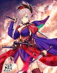  asymmetrical_hair autumn_leaves bare_shoulders black_legwear blue_eyes blue_kimono breasts cleavage detached_sleeves dual_wielding earrings fate/grand_order fate_(series) hair_ornament highres holding holding_sword holding_weapon japanese_clothes jewelry katana kimono large_breasts leaf_print looking_at_viewer magatama maple_leaf_print miyamoto_musashi_(fate/grand_order) navel_cutout obi pink_hair ponytail purple_kimono sash sheath sheathed short_kimono sleeveless sleeveless_kimono solo sword takasaki_ryou thighhighs unsheathed weapon wide_sleeves 