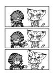  3koma afterimage animal_ears bare_shoulders bow bowtie breath cat_ears cat_tail closed_eyes comic eating elbow_gloves eye_contact eyebrows_visible_through_hair food food_on_face gloves greyscale hair_between_eyes highres hood hood_up hoodie kemono_friends kotobuki_(tiny_life) legs_together long_sleeves looking_at_another monochrome multiple_girls neck_ribbon ribbon sand_cat_(kemono_friends) short_hair silent_comic simple_background squatting striped tail tsuchinoko_(kemono_friends) white_background 