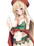  alleyne_(queen's_blade) bare_shoulders belt blush braid breasts colorized elf face hat highres large_breasts long_hair navel nipples piiko_(aa_doushiyou) pointy_ears puffy_nipples purple_eyes queen's_blade solo 