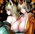  animal_ears areola_slip areolae asanuma back bad_id bad_pixiv_id breasts collarbone fox_ears hair_up huge_breasts japanese_clothes kimono kongiku lantern leaf leaf_on_head multiple_girls nipple_slip nipples oboro_muramasa off_shoulder paper_lantern profile yukata yuzuruha 