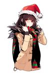  absurdres bangs blunt_bangs blush brown_coat closed_mouth coat duffel_coat fur-trimmed_coat fur_trim girls_frontline hands_up hat highres inxst long_hair long_sleeves looking_at_viewer nose_blush purple_hair red_eyes red_hat santa_hat scarf simple_background solo striped striped_scarf tsurime wa2000_(girls_frontline) white_background 