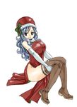  black_eyes blue_hair boots breasts fairy_tail juvia_lockser large_breasts long_hair looking_at_viewer mashima_hiro pelvic_curtain santa_costume side_slit sitting smile solo thigh_boots thighhighs 