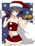  bangs belt black_belt black_hair blue_background braid brown_eyes carro_veloce_cv-33 commentary_request cowboy_shot crop_top english eyebrows_visible_through_hair girls_und_panzer grin ground_vehicle hat highres holding looking_at_viewer merry_christmas microskirt midriff military military_vehicle model_tank motor_vehicle outside_border pepperoni_(girls_und_panzer) plate red_hat red_mittens red_shirt red_skirt ruka_(piyopiyopu) santa_costume santa_hat shirt short_hair side_braid skirt smile snowflake_background solo standing strapless tank v-shaped_eyebrows 