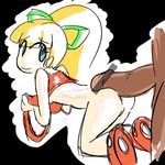  1girl android anus ass blonde_hair blue_eyes buttjob cum disembodied_penis dress duo eyebrows fupoo green_ribbon hair_ribbon long_hair penis ponytail red_dress ribbon robot rockman rockman_(classic) roll shirt shoes sleeveless sleeveless_dress smile tied_hair 