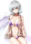  bangs bikini braid breasts brown_eyes closed_mouth commentary_request cowboy_shot eyebrows_visible_through_hair french_braid hair_between_eyes highres jacket kishin_sagume large_breasts looking_at_viewer nail_polish navel open_clothes open_jacket purple_bikini short_hair silver_hair simple_background single_wing solo swimsuit touhou white_background white_wings wings y2 