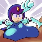  1girl android blue_eyes breasts duo fupoo heart helmet large_breasts mermaid monster_girl open_mouth robot rockman rockman_(classic) splash_woman 
