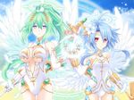  bare_shoulders blue_hair breasts cleavage cleavage_cutout cloud cloudy_sky commentary_request cowboy_shot day elbow_gloves energy_ball feathered_wings flower four_goddesses_online:_cyber_dimension_neptune gloves green_hair green_heart hair_flower hair_ornament halo holding holding_wand kagura_ittou large_breasts leotard long_hair looking_at_viewer magic_circle multiple_girls multiple_wings neptune_(series) open_mouth ponytail power_symbol purple_eyes red_eyes short_hair_with_long_locks sky small_breasts symbol-shaped_pupils very_long_hair wand white_heart white_leotard wings 