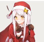  1girl :3 bangs blush bobblehat brown_gloves carrying_over_shoulder closed_mouth dress eve_santaclaus eyebrows_visible_through_hair fake_facial_hair fake_mustache finger_to_mouth fpanda fur-trimmed_gloves fur-trimmed_hat fur_trim gloves grey_background hat idolmaster idolmaster_cinderella_girls index_finger_raised long_hair long_sleeves looking_at_viewer over_shoulder pink_hair pom_pom_(clothes) red_dress red_hat sack santa_costume santa_hat shushing simple_background solo swept_bangs upper_body yellow_eyes 
