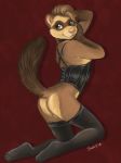  2018 anthro backsack balls barnaby_kane blue_eyes butt_heart caribou_(artist) clothed clothing collar corset crossdressing ferret lace legwear lingerie looking_back male mammal mustelid pink_nose pinup pose raised_tail red_background simple_background thigh_highs whiskers 