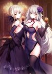 artoria_pendragon_(all) bare_shoulders blonde_hair blush center_opening choker christmas collarbone cup dress drinking_glass elbow_gloves fate/grand_order fate_(series) flower gloves hair_flower hair_ornament hair_ribbon holding holding_cup indoors jeanne_d'arc_(alter)_(fate) jeanne_d'arc_(fate)_(all) long_hair looking_at_viewer mafuyu multiple_girls navel ribbon saber_alter short_hair side_slit silver_hair strapless strapless_dress thighhighs wine_glass yellow_eyes 