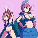  2girls android black_eyes blonde_hair blue_eyes breasts cape chi-chi_(cosplay) cosplay dragonball duo eyebrows fupoo gloves helmet large_breasts mermaid monster_girl multiple_girls no_humans robot rockman rockman_(classic) roll smile splash_woman 