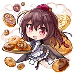  :d alternate_costume blush brown_hair chibi doughnut food fuupu geta hat icing looking_at_viewer open_mouth patissier red_eyes shameimaru_aya short_hair smile solo sprinkles tengu-geta tokin_hat touhou tray 