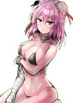 alternate_costume bandaged_arm bandages bikini black_bikini blush breast_hold breasts bun_cover closed_mouth collarbone commentary_request cowboy_shot cuffs double_bun highres ibaraki_kasen large_breasts looking_at_viewer navel pink_hair red_eyes shackles side-tie_bikini solo stomach swimsuit touhou y2 