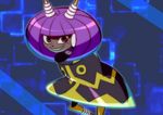  1girl android antennae bob_cut cape dynatron_(mighty_no._9) eyebrows headphones mighty_no._3 mighty_no._9 no_humans purple_hair red_eyes robot sharp_teeth short_hair smile solo teeth 