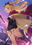  arm_behind_back ass bangs bare_legs black_dress black_legwear black_panties blonde_hair blush breasts brown_eyes cape closed_mouth commentary_request covering covering_ass crown detached_sleeves dress earrings electricity ereshkigal_(fate/grand_order) fate/grand_order fate_(series) from_behind frown hair_ribbon infinity jewelry legs_apart long_hair long_sleeves looking_back nose_blush orange_eyes panties pantyshot pantyshot_(standing) parted_bangs pink_ribbon red_cape ribbon short_dress single_detached_sleeve single_thighhigh sleeves_past_wrists small_breasts solo spine standing straight_hair tassel tetsuo_(amenohutikoma) thighhighs tiara twintails underwear upskirt 