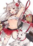  :3 :d animal_ears arm_up armpits azur_lane bandages bangs breasts bridal_gauntlets cape collar dog dog_ears dog_tail eyebrows_visible_through_hair fingerless_gloves flower flush frills gloves hair_flower hair_ornament highres leash long_hair medium_breasts nail_polish navel open_mouth panties pleated_skirt racchi. red_eyes sarashi short_eyebrows side-tie_panties side_cutout silver_hair simple_background skirt smile standing standing_on_one_leg tail tattoo thighhighs underboob underwear v-shaped_eyebrows white_background white_legwear wristband yuudachi_(azur_lane) zettai_ryouiki 