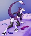  2017 anthro anus balls bed butt claws clothing dildo ethan_(teckly) fur legwear looking_at_viewer male mammal on_bed pawpads paws presenting presenting_hindquarters re-re rubber sergal sex_toy smile solo 