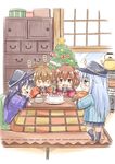  4girls akatsuki_(kantai_collection) anchor_symbol black_hair black_hat black_legwear blue_skirt blush_stickers brown_eyes brown_hair cabinet cake christmas_tree flat_cap folded_ponytail food fujishima_shinnosuke hanten_(clothes) hat hibiki_(kantai_collection) ikazuchi_(kantai_collection) inazuma_(kantai_collection) kantai_collection kettle kotatsu multiple_girls neckerchief open_mouth plate saucer school_uniform serafuku skirt table tears turkey 