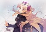  :d ahoge black_cape black_dress blonde_hair blush cape dress ereshkigal_(fate/grand_order) eyebrows_visible_through_hair fate/grand_order fate_(series) frilled_sleeves frills from_behind fur_collar fur_trim gradient gradient_background grey_background hair_ribbon heart heart_of_string long_hair long_sleeves looking_at_viewer looking_back nagu open_mouth red_eyes red_ribbon ribbon shiny shiny_hair smile snow snowing solo tiara upper_body very_long_hair 