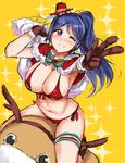  ;d armpits arms_up bangs bikini blue_hair blush bow breasts brown_gloves capelet christmas cleavage colored_stripes eyebrows_visible_through_hair foreshortening front-tie_bikini front-tie_top fur-trimmed_capelet fur_trim gloves hat holding kamishiro_ryuu large_breasts long_hair looking_at_viewer love_live! love_live!_sunshine!! matsuura_kanan mini_hat navel one_eye_closed open_mouth parted_bangs ponytail purple_eyes red_bikini red_hat red_ribbon ribbon sack side-tie_bikini sketch smile solo sparkle_background stomach straddling striped striped_bow swimsuit tareme thigh_strap uchicchii v yellow_background 