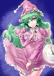  ;) breasts capelet cleavage closed_mouth commentary_request cowboy_shot dress green_eyes green_hair hair_between_eyes hat highres index_finger_raised kazami_yuuka kazami_yuuka_(pc-98) large_breasts long_hair long_sleeves looking_at_viewer nightcap one_eye_closed pajamas purple_dress smile solo touhou touhou_(pc-98) very_long_hair wavy_hair y2 