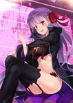  bb_(fate)_(all) bb_(fate/extra_ccc) bra breasts coat commentary_request fate/extra fate/extra_ccc fate_(series) garter_belt hair_ribbon kujou_ichiso large_breasts long_hair purple_eyes purple_hair ribbon sitting thighhighs underwear very_long_hair 