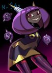  1girl android antennae bob_cut cape dark_skin dynatron_(mighty_no._9) eyebrows floating_object magatama mighty_no._3 mighty_no._9 no_humans purple_hair red_eyes robot sharp_teeth short_hair smile solo teeth 