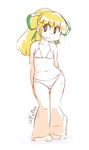  1girl android bikini blonde_hair blue_eyes eyebrows fupoo green_ribbon hair_ribbon long_hair no_humans open_mouth ponytail ribbon robot rockman rockman_(classic) roll simple_background solo tied_hair white_background 
