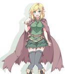  :d belt belt_pouch blonde_hair blush boots bracelet breasts cape cross-laced_footwear curled_fingers drop_shadow elf fang feet_out_of_frame flower green_eyes green_skirt grey_legwear hair_flower hair_ornament hairclip hand_up high_collar highres jewelry knees_together_feet_apart knife knife_holster layered_skirt looking_at_viewer medium_breasts open_mouth original pointy_ears pouch purple_cape ring sapphire_(stone) shefu short_hair short_sleeves simple_background skirt smile solo standing thighhighs tunic white_background zettai_ryouiki 