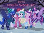  2017 brian_mcpherson christmas clothing cutie_mark english_text equine eyes_closed feathered_wings feathers female feral friendship_is_magic group hair half-closed_eyes hat holidays horn legwear looking_at_viewer mammal multicolored_hair my_little_pony open_mouth outside princess_cadance_(mlp) princess_celestia_(mlp) princess_luna_(mlp) santa_hat scarf snow text twilight_sparkle_(mlp) winged_unicorn wings 