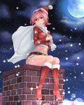  backlighting belt blush boots carrying_over_shoulder chimney christmas closed_mouth cloud cloudy_sky crop_top eyebrows_visible_through_hair full_body full_moon fur-trimmed_boots fur-trimmed_sleeves fur_trim hair_between_eyes hair_intakes hat highres kantai_collection kinu_(kantai_collection) knee_boots long_sleeves moon motion_blur navel night night_sky over_shoulder pink_hair red_eyes red_footwear red_hat red_shirt red_shorts sack santa_hat shirt short_hair shorts sitting sky smile snowing solo stomach thighs tr-6 