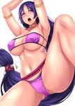  1girl armpits belt bikini blush breasts eyepatch_bikini fate/grand_order fate_(series) female highres large_breasts leg_lift long_hair minamoto_no_raikou_(fate/grand_order) navel open_mouth purple_bikini purple_eyes purple_hair purple_swimsuit simple_background solo spread_legs swimsuit thighs very_long_hair white_background yashichii 