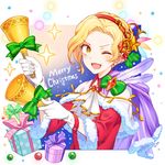  alternate_costume artist_name bell blonde_hair bow box christmas_ornaments feathers fire_emblem fire_emblem:_fuuin_no_tsurugi fire_emblem_heroes fur_trim gem gift gift_box gloves hairband leaf male_focus merry_christmas nacien one_eye_closed open_mouth ringozaka_mariko simple_background solo sparkle upper_body white_background yellow_eyes 