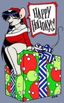  2017 anthro big_breasts black_hair blue_eyes breasts buckteeth christmas cleavage clothed clothing david_a_cantero dialogue faith_(daq) female fur gift grey_fur hair hat hi_res holidays inner_ear_fluff long_hair looking_at_viewer mammal mouse one_eye_closed open_mouth open_smile ribbons rodent santa_hat simple_background sitting smile solo spots stripes teeth text wink 