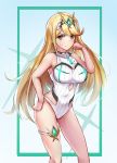  1girl absurdres bangs bare_shoulders blonde_hair blush breasts earrings gem hair_ornament headpiece highres hikari_(xenoblade_2) jewelry kiiro_kimi large_breasts long_hair looking_at_viewer nintendo pose solo swept_bangs swimsuit tiara very_long_hair white_swimsuit xenoblade xenoblade_(series) xenoblade_2 yellow_eyes 