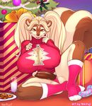  2017 anthro balls big_breasts breasts brown_eyes brown_nose christmas christmas_tree cleavage clothed clothing cookie dickgirl food gift hair hi_res holidays holly_(plant) humanoid_penis intersex legwear long_hair looking_at_viewer mammal milk mimi_&quot;godiva&quot;_dulcifer multicolored_hair panties penis pigtails plant skunk smile socks solo soulblader sweater tokifuji tree two_tone_hair underwear 
