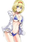  alice_margatroid bangs bikini blonde_hair blue_bikini blue_eyes bow breasts commentary_request cowboy_shot hair_bow hairband highres jacket jewelry large_breasts lolita_hairband long_sleeves looking_at_viewer navel open_clothes open_jacket parted_lips pendant short_hair simple_background solo stomach swimsuit thighs touhou white_background y2 