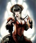  1girl bare_shoulders black_hair breasts brown_eyes cleavage demon_horns detached_sleeves dress eliza_(tekken) flower frilled_skirt frills gradient_hair horns lipstick long_hair makeup medium_breasts multicolored_hair red_dress sidelocks solo spaghetti_strap tekken tekken_7 tekken_revolution vampire wide_sleeves 