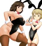  animal_ears areola_slip areolae black_eyes black_hair black_leotard blonde_hair bow bowtie breasts brown_legwear bunny_ears bunnysuit cocktail_shaker covered_navel cowboy_shot cutlass_(girls_und_panzer) detached_collar girls_und_panzer leotard long_hair multiple_girls murakami_(girls_und_panzer) red_neckwear short_hair simple_background small_breasts strapless strapless_leotard thick_thighs thighhighs thighs tof tumbler white_background wrist_cuffs yellow_eyes 