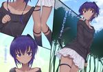 black_hairband blush close-up dark_skin day fate/prototype fate/prototype:_fragments_of_blue_and_silver fate_(series) fence hairband hassan_of_serenity_(fate) highres looking_at_viewer monobe_tsukuri multiple_views outdoors purple_eyes short_hair skirt sweat sweater thigh_strap translated 