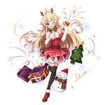  &gt;_&lt; :3 ;d antlers bangs bare_shoulders black_legwear blonde_hair blush blush_stickers boots box breasts christmas christmas_ornaments christmas_tree commentary_request dress elbow_gloves eyebrows_visible_through_hair frilled_dress frills fur-trimmed_dress fur-trimmed_gloves fur_trim gift gift_box gloves head_tilt highres holding kkkkkey large_breasts long_hair looking_at_viewer one_eye_closed open_mouth original party_popper red_dress red_footwear red_ribbon reindeer_antlers ribbon scarf simple_background sleeveless sleeveless_dress smile snowflakes snowman solo standing standing_on_one_leg star striped thighhighs vertical-striped_scarf vertical_stripes very_long_hair white_background white_gloves 